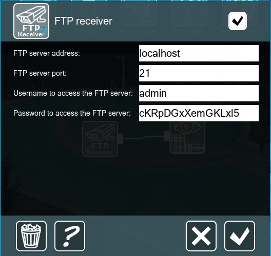 In FTP Receiver settings you will see the server's login, password, and port for setup of FTP streaming for your remote camera