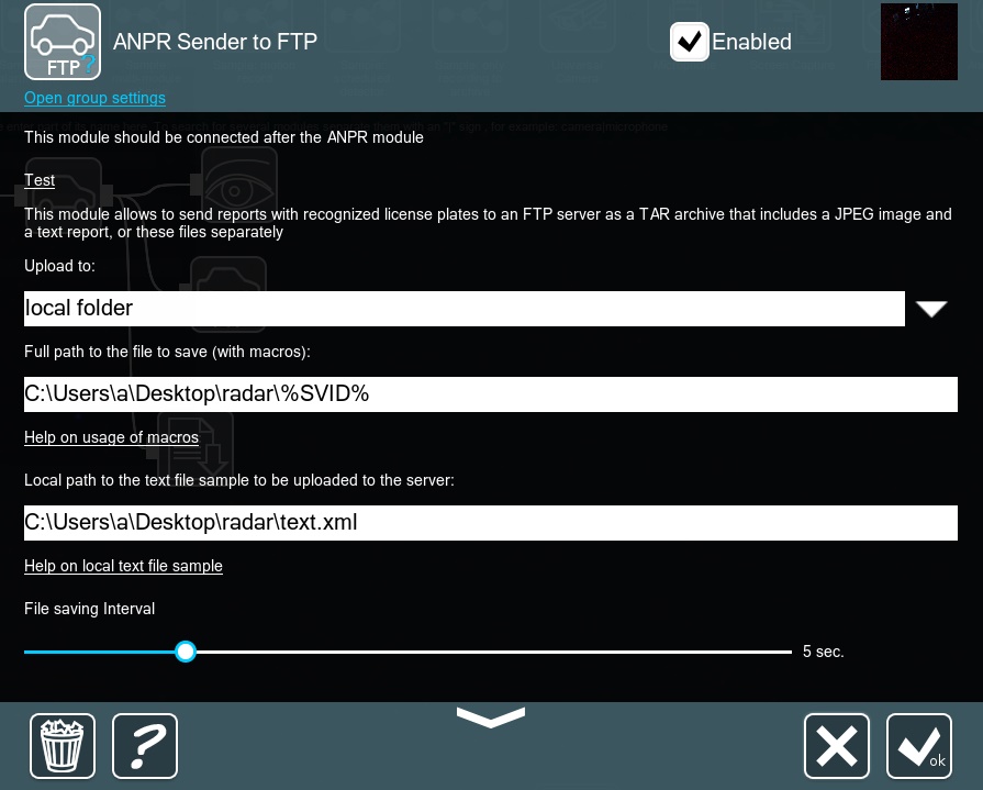 ANPR sender to FTP module's settings