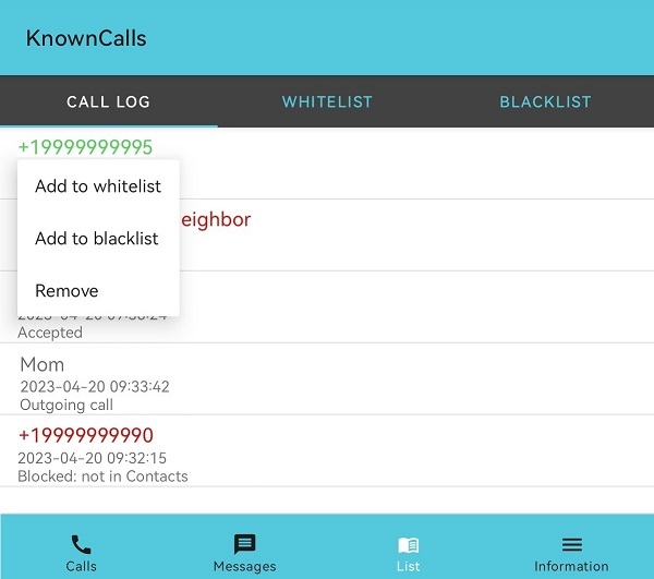 Setting up KnownCalls, spam call and SMS blocker: calls tab