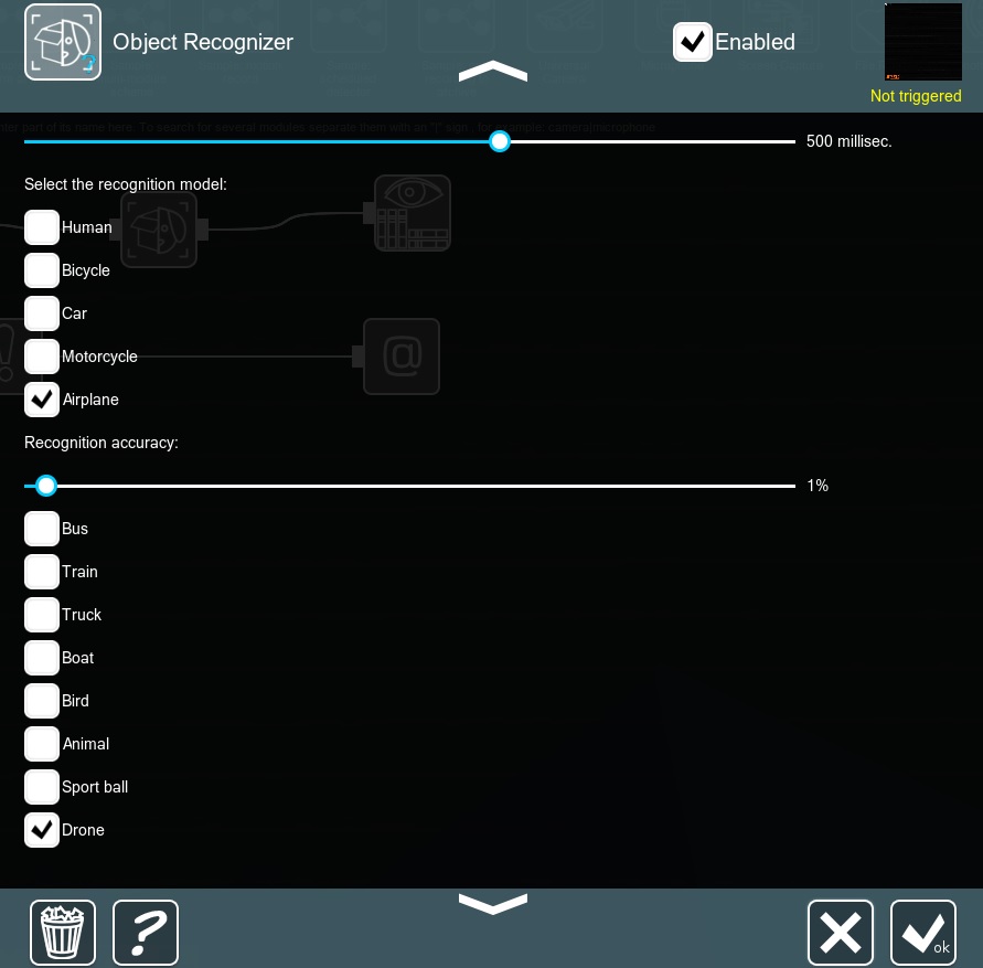 Settings are easy for Drone and Airplane Recognition module in Xeoma video surveillance program