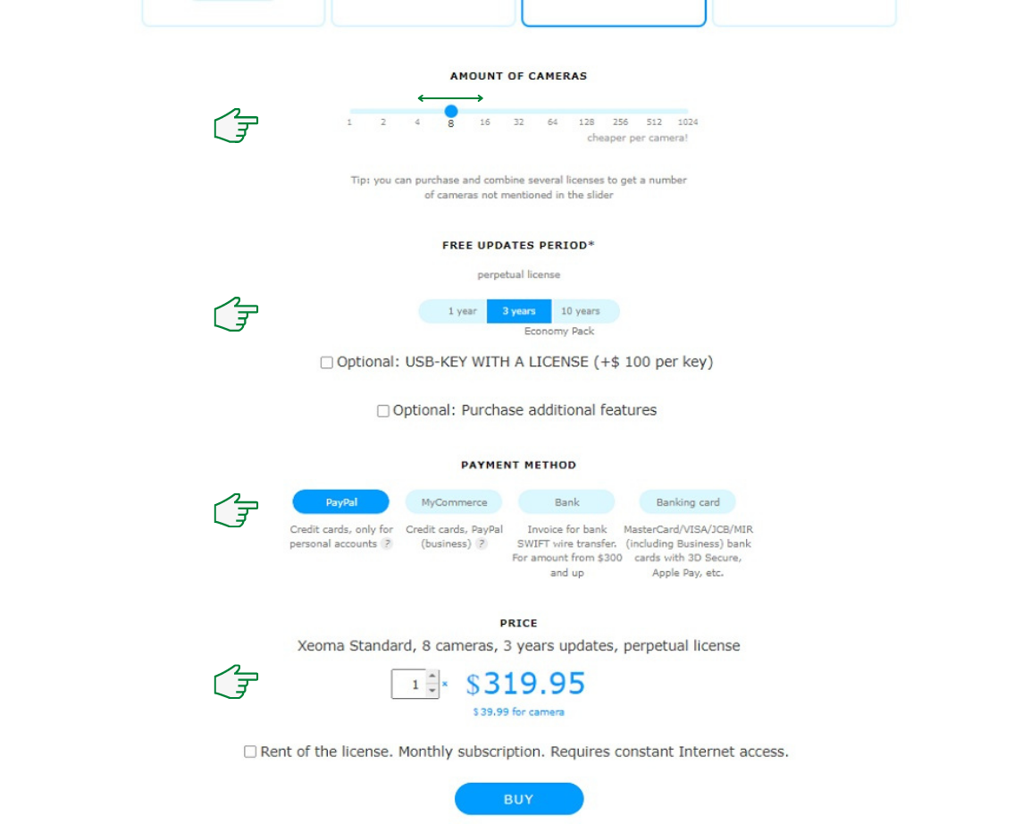 These options will help you tailor purchase of licenses for Xeoma Standard and Xeoma Pro editions of cutting-edge video surveillance software Purchase easy-to-use and affordable video surveillance software of the new generation