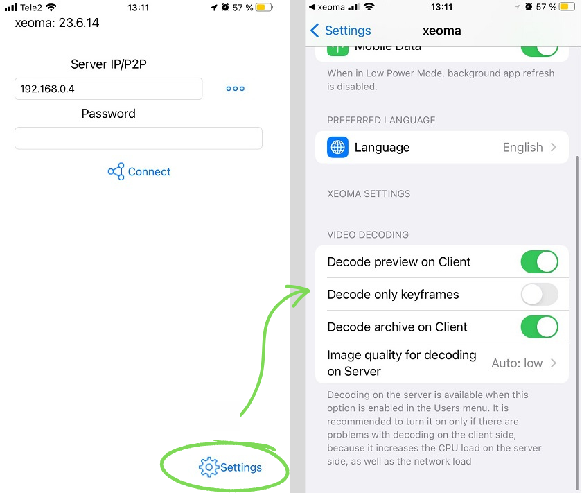 Xeoma video surveillance app for iOS: new Settings menu