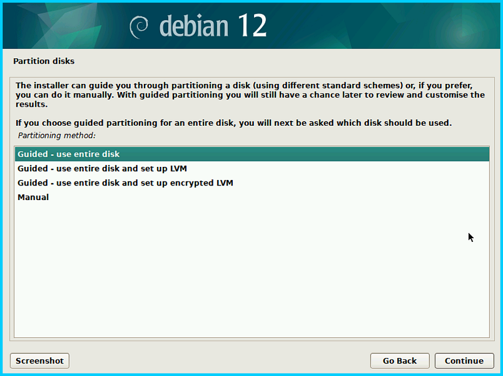 How to install Debian OS - Detailed guide Disks partition menu